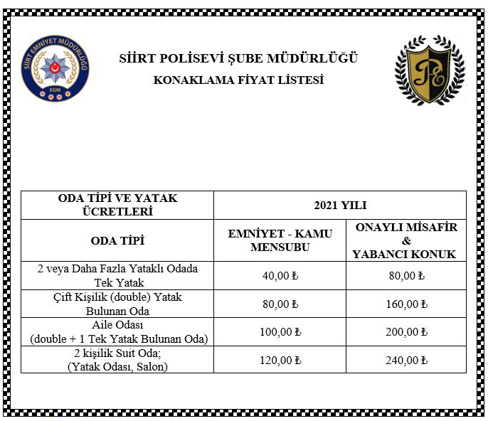 siirt polis evi 2021 yili fiyat listesi